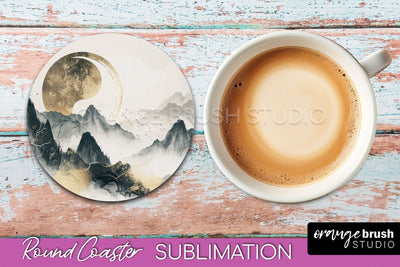 Boho Round Coaster Sublimation, Minimalist Landscape Design Sublimation OrangeBrushStudio 