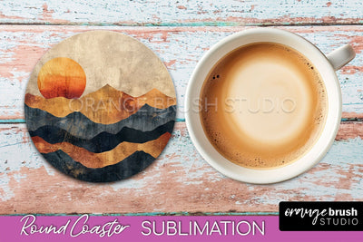 Boho Round Coaster Sublimation, Minimalist Landscape Design Sublimation OrangeBrushStudio 