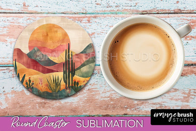 Boho Round Coaster Sublimation, Minimalist Landscape Design Sublimation OrangeBrushStudio 
