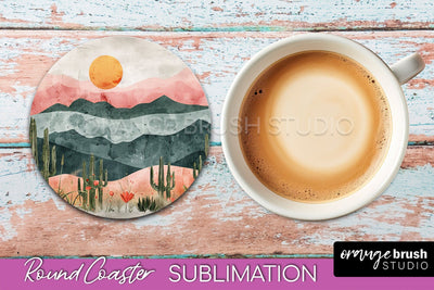 Boho Round Coaster Sublimation, Minimalist Landscape Design Sublimation OrangeBrushStudio 