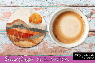 Boho Round Coaster Sublimation, Minimalist Landscape Design Sublimation OrangeBrushStudio 