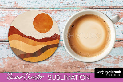 Boho Round Coaster Sublimation, Minimalist Landscape Design Sublimation OrangeBrushStudio 