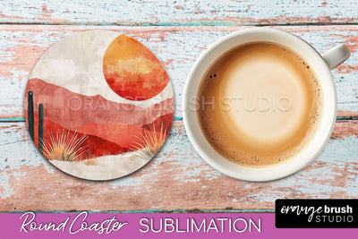 Boho Round Coaster Sublimation, Minimalist Landscape Design Sublimation OrangeBrushStudio 