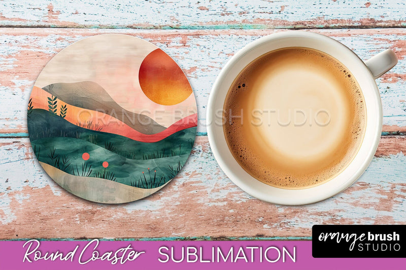 Boho Round Coaster Sublimation, Minimalist Landscape Design Sublimation OrangeBrushStudio 