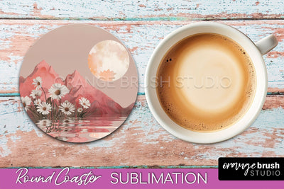 Boho Round Coaster Sublimation, Minimalist Landscape Design Sublimation OrangeBrushStudio 