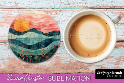 Boho Round Coaster Sublimation, Minimalist Landscape Design Sublimation OrangeBrushStudio 