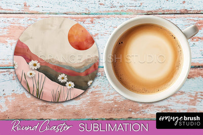 Boho Round Coaster Sublimation, Minimalist Landscape Design Sublimation OrangeBrushStudio 