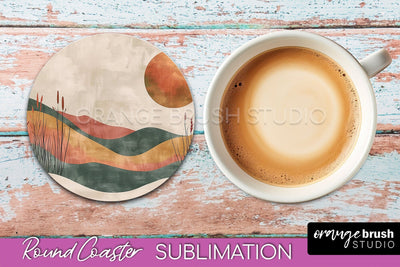 Boho Round Coaster Sublimation, Minimalist Landscape Design Sublimation OrangeBrushStudio 