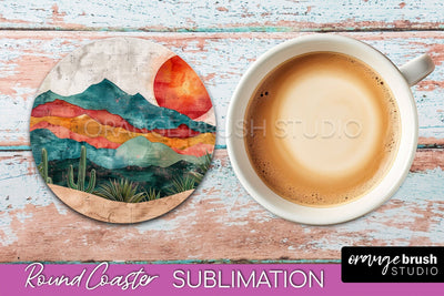 Boho Round Coaster Sublimation, Minimalist Landscape Design Sublimation OrangeBrushStudio 