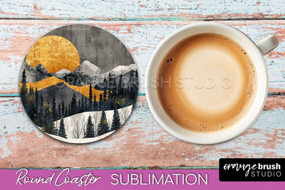 Boho Round Coaster Sublimation, Minimalist Landscape Design Sublimation OrangeBrushStudio 