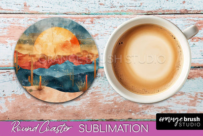 Boho Round Coaster Sublimation, Minimalist Landscape Design Sublimation OrangeBrushStudio 