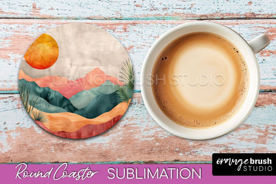 Boho Round Coaster Sublimation, Minimalist Landscape Design Sublimation OrangeBrushStudio 