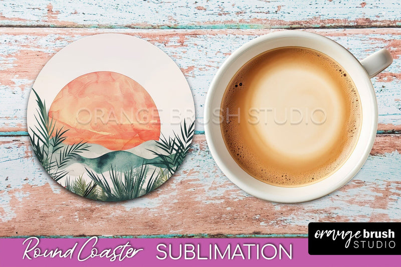 Boho Round Coaster Sublimation, Minimalist Landscape Design Sublimation OrangeBrushStudio 