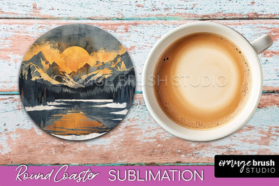 Boho Round Coaster Sublimation, Minimalist Landscape Design Sublimation OrangeBrushStudio 