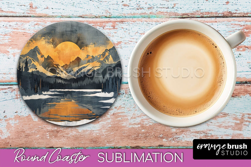 Boho Round Coaster Sublimation, Minimalist Landscape Design Sublimation OrangeBrushStudio 