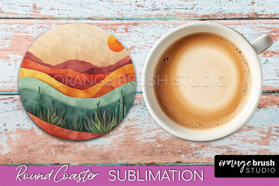 Boho Round Coaster Sublimation, Minimalist Landscape Design Sublimation OrangeBrushStudio 