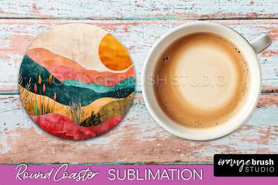 Boho Round Coaster Sublimation, Minimalist Landscape Design Sublimation OrangeBrushStudio 