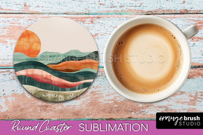 Boho Round Coaster Sublimation, Minimalist Landscape Design Sublimation OrangeBrushStudio 