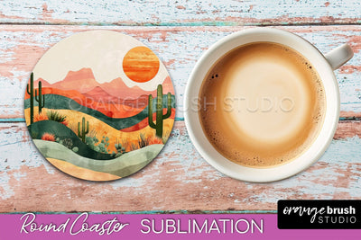 Boho Round Coaster Sublimation, Minimalist Landscape Design Sublimation OrangeBrushStudio 