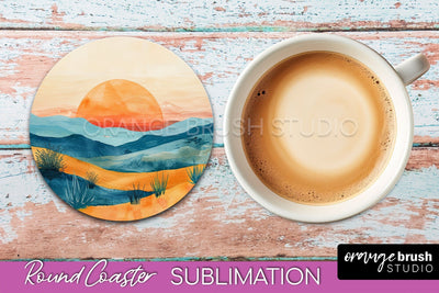 Boho Round Coaster Sublimation, Minimalist Landscape Design Sublimation OrangeBrushStudio 