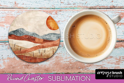 Boho Round Coaster Sublimation, Minimalist Landscape Design Sublimation OrangeBrushStudio 