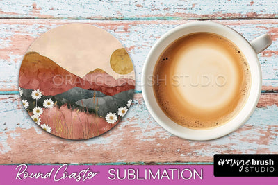 Boho Round Coaster Sublimation, Minimalist Landscape Design Sublimation OrangeBrushStudio 