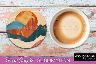 Boho Round Coaster Sublimation, Minimalist Landscape Design Sublimation OrangeBrushStudio 