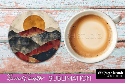 Boho Round Coaster Sublimation, Minimalist Landscape Design Sublimation OrangeBrushStudio 