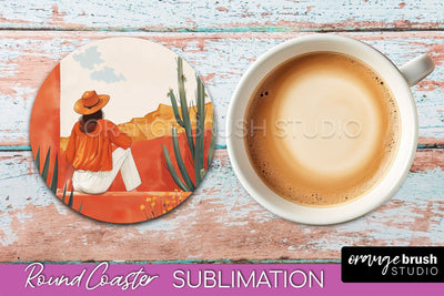 Boho Round Coaster Sublimation, Minimalist Landscape Design Sublimation OrangeBrushStudio 