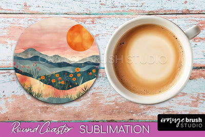 Boho Round Coaster Sublimation, Minimalist Landscape Design Sublimation OrangeBrushStudio 