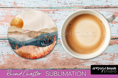 Boho Round Coaster Sublimation, Minimalist Landscape Design Sublimation OrangeBrushStudio 