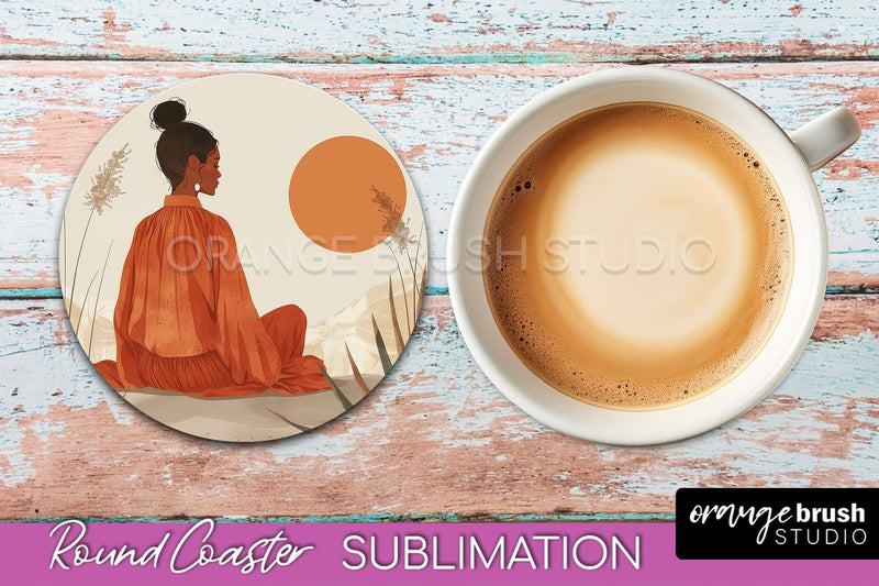 Boho Round Coaster Sublimation, Minimalist Landscape Design Sublimation OrangeBrushStudio 
