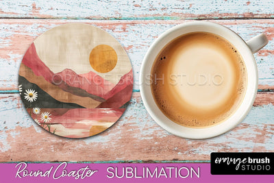 Boho Round Coaster Sublimation, Minimalist Landscape Design Sublimation OrangeBrushStudio 