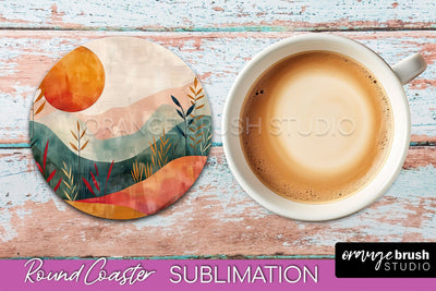 Boho Round Coaster Sublimation, Minimalist Landscape Design Sublimation OrangeBrushStudio 