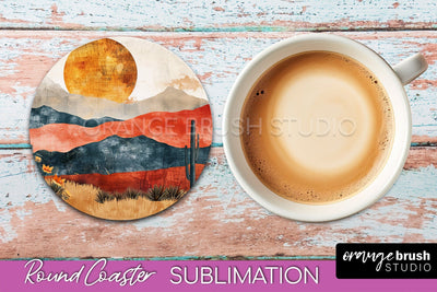 Boho Round Coaster Sublimation, Minimalist Landscape Design Sublimation OrangeBrushStudio 