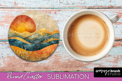Boho Round Coaster Sublimation, Minimalist Landscape Design Sublimation OrangeBrushStudio 