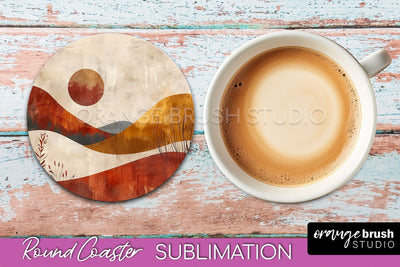 Boho Round Coaster Sublimation, Minimalist Landscape Design Sublimation OrangeBrushStudio 