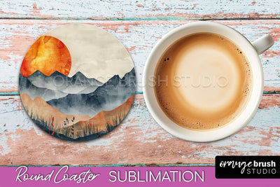 Boho Round Coaster Sublimation, Minimalist Landscape Design Sublimation OrangeBrushStudio 