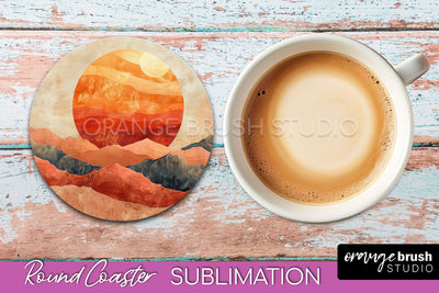 Boho Round Coaster Sublimation, Minimalist Landscape Design Sublimation OrangeBrushStudio 