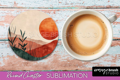 Boho Round Coaster Sublimation, Minimalist Landscape Design Sublimation OrangeBrushStudio 