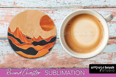Boho Round Coaster Sublimation, Minimalist Landscape Design Sublimation OrangeBrushStudio 