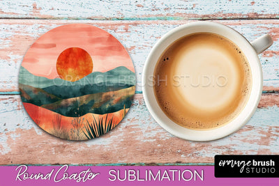 Boho Round Coaster Sublimation, Minimalist Landscape Design Sublimation OrangeBrushStudio 