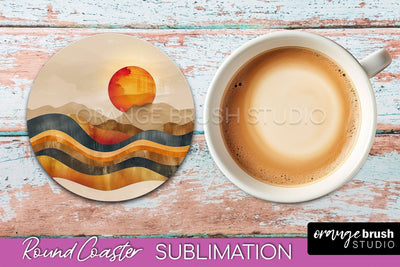 Boho Round Coaster Sublimation, Minimalist Landscape Design Sublimation OrangeBrushStudio 
