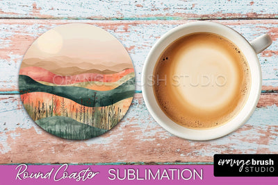Boho Round Coaster Sublimation, Minimalist Landscape Design Sublimation OrangeBrushStudio 