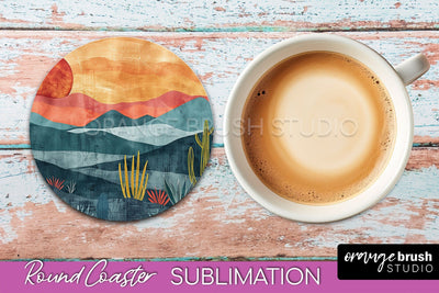 Boho Round Coaster Sublimation, Minimalist Landscape Design Sublimation OrangeBrushStudio 