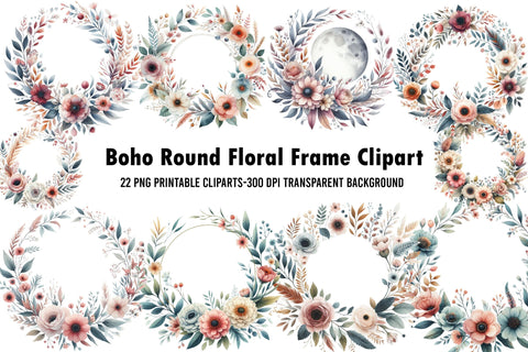 Boho Round Floral Frame Clipart Sublimation Rupkotha 