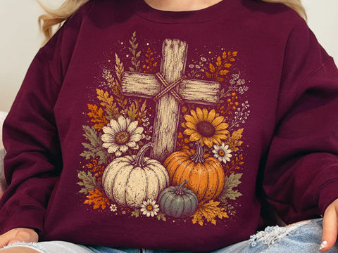Boho Rustic Floral Pumpkin Cross Fall Jesus, Autumn Pumpkin Floral, Retro Fall Png, Fall Cross Pumpkins,Fall Christian Png, Autumn Pumpkin SVG DesignDestine 