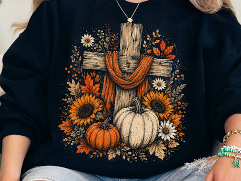 Boho Rustic Floral Pumpkin Cross Fall Jesus, Autumn Pumpkin Floral, Retro Fall Png, Fall Cross Pumpkins,Fall Christian Png, Autumn Pumpkin SVG DesignDestine 