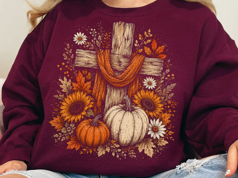 Boho Rustic Floral Pumpkin Cross Fall Jesus, Autumn Pumpkin Floral, Retro Fall Png, Fall Cross Pumpkins,Fall Christian Png, Autumn Pumpkin SVG DesignDestine 