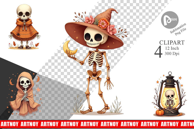 Boho Skeleton Halloween Clipart Sublimation artnoy 